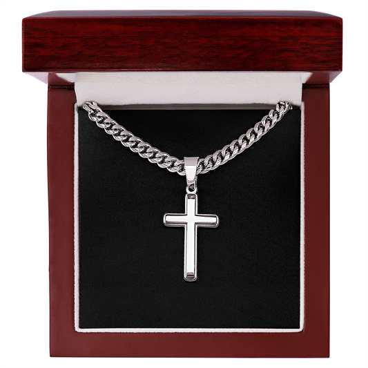 Cross Necklace Artisan with Cuban Link Chain | Plain Black Backing