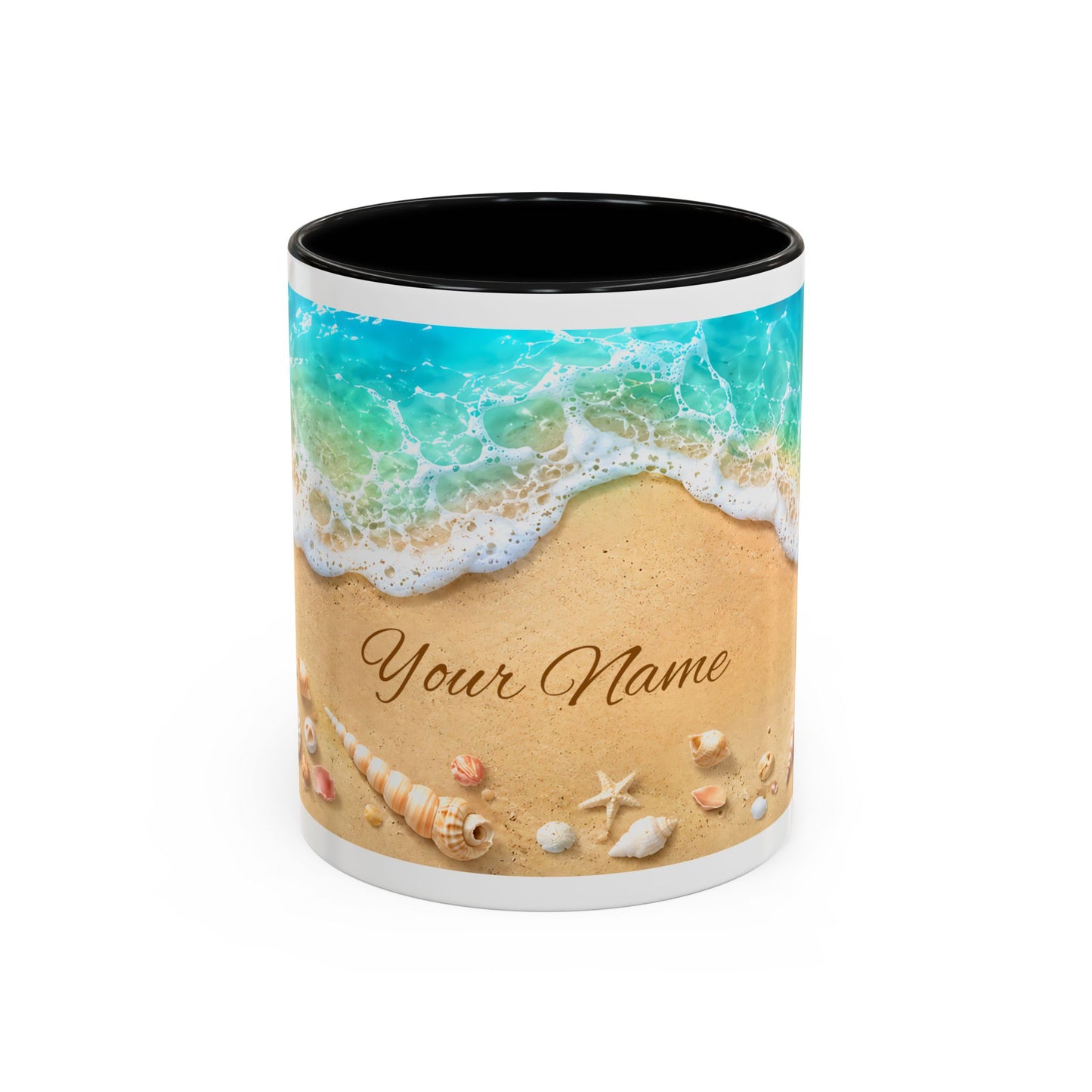 BEACH Your Name in the Sand — Personalized Accent Coffee Mug (11 oz & 15 oz)