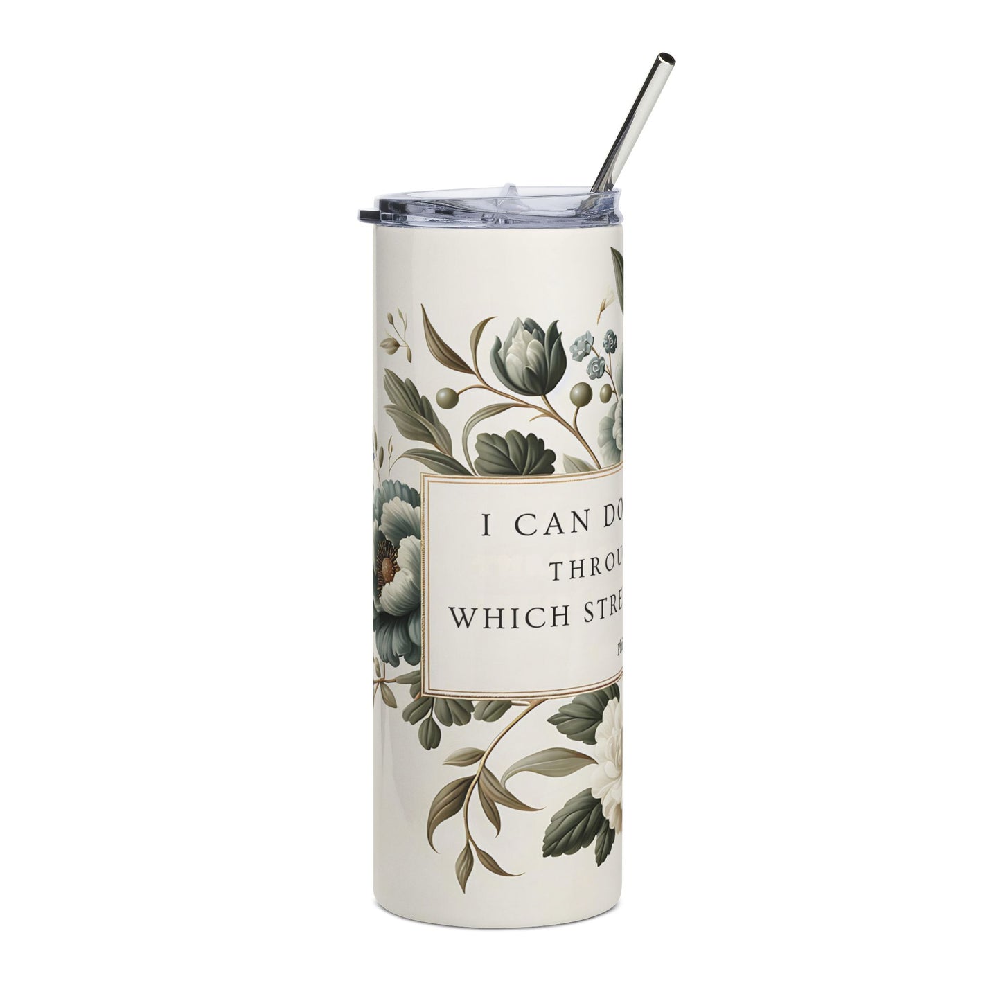 Floral Scripture 20oz Stainless Tumbler — "I Can Do All Things" Philippians 4:13