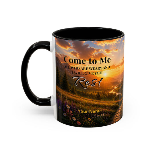REST Scripture Coffee Mug — Free Personalization | Matthew 11:28–29 | 11 oz & 15 oz