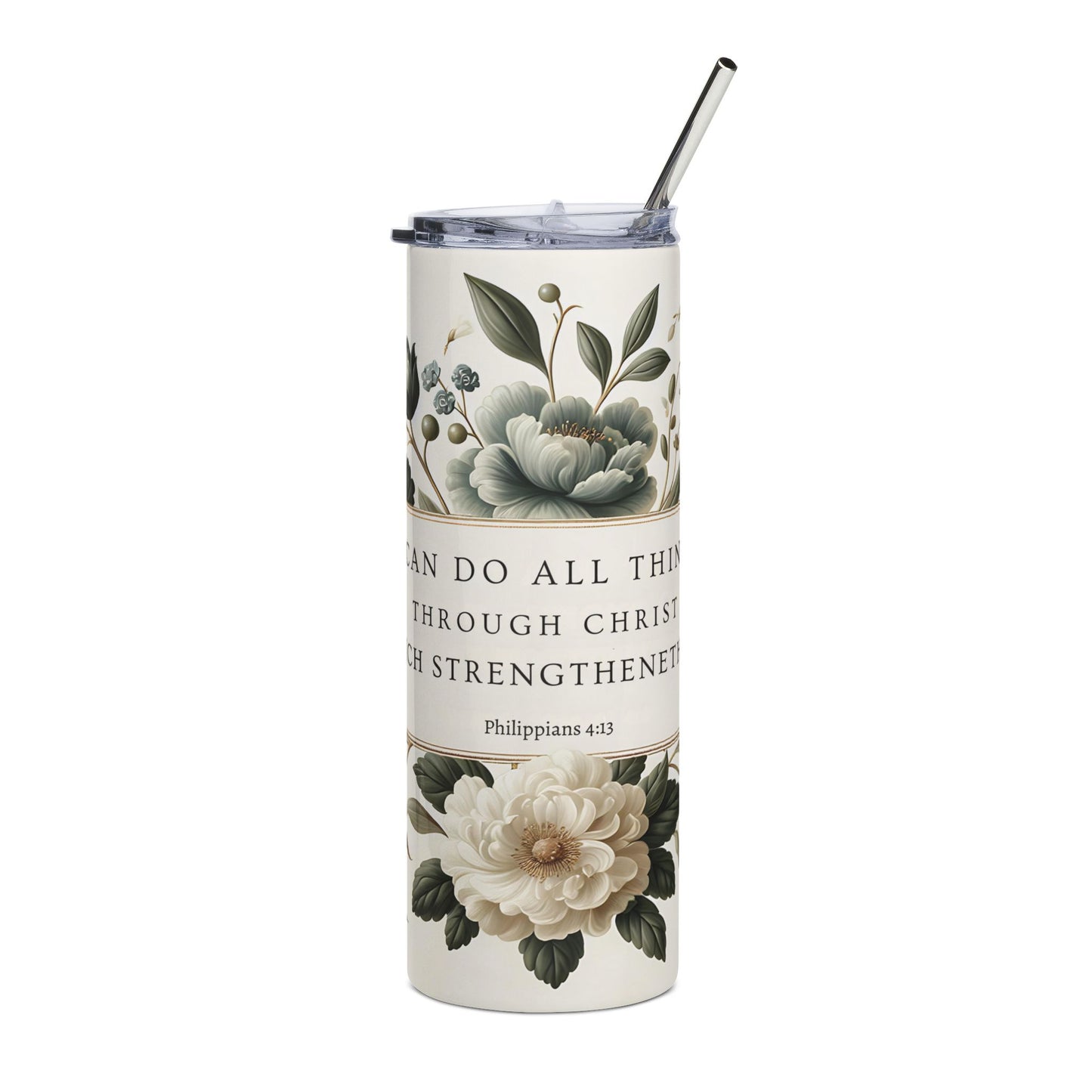 Floral Scripture 20oz Stainless Tumbler — "I Can Do All Things" Philippians 4:13