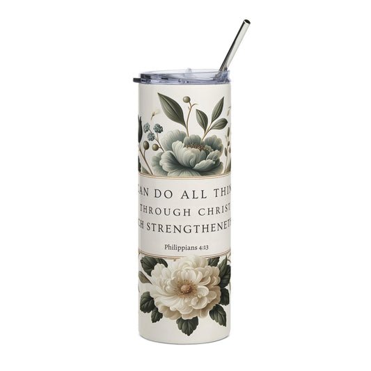 Floral Scripture 20oz Stainless Tumbler — "I Can Do All Things" Philippians 4:13