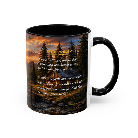REST Scripture Coffee Mug — Free Personalization | Matthew 11:28–29 | 11 oz & 15 oz