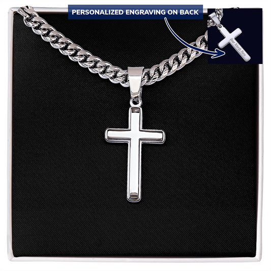 Cross Necklace Personalized with Cuban Link Chain | Plain Black Backing